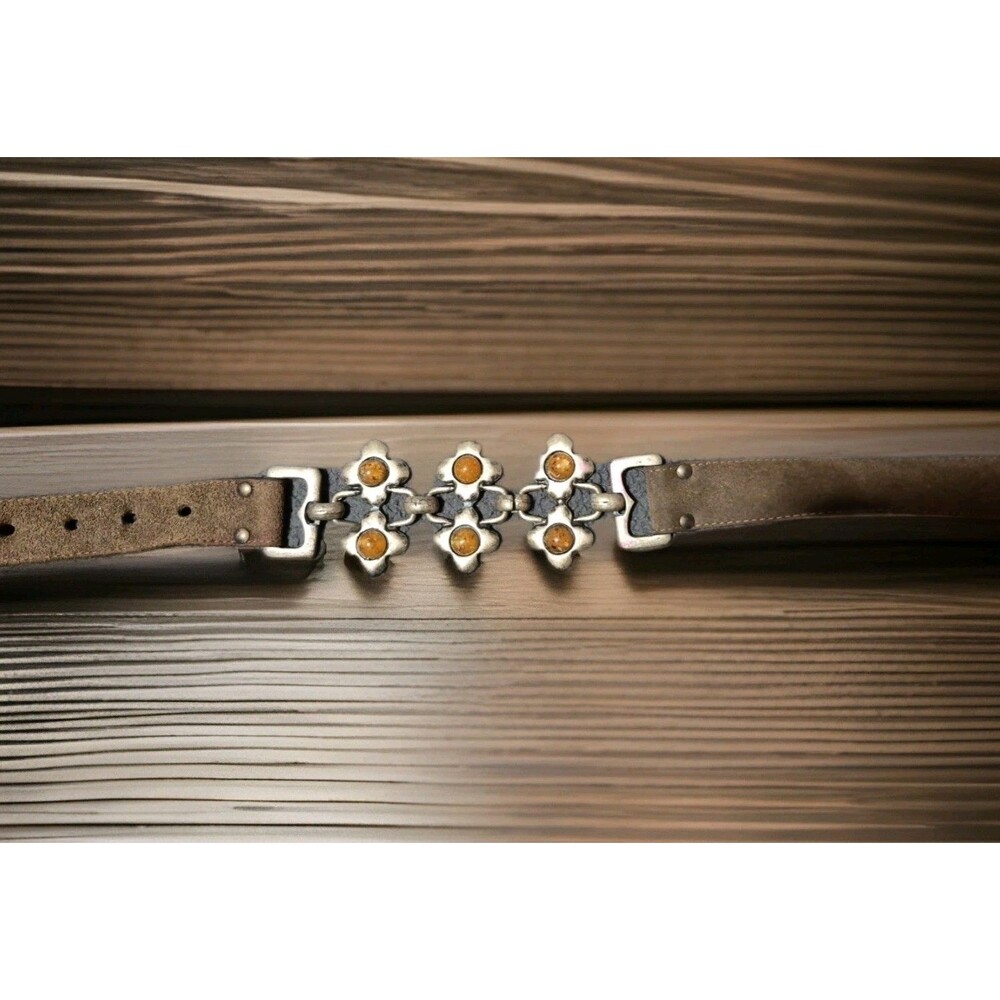 Y2K Italy Leather Floral Chain Link Belt Womens Med Waist Hip Brown Silver 34"
